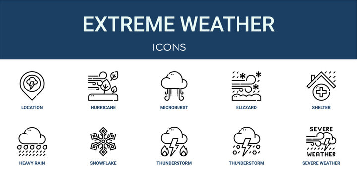 Set of 10 outline web Extreme Weather icons such as severe weather, thunderstorm, thunderstorm, snowflake, heavy rain, shelter, blizzard vector icons for report, presentation, diagram, web design,