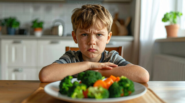 Child Refusing Vegetables at Dining Table