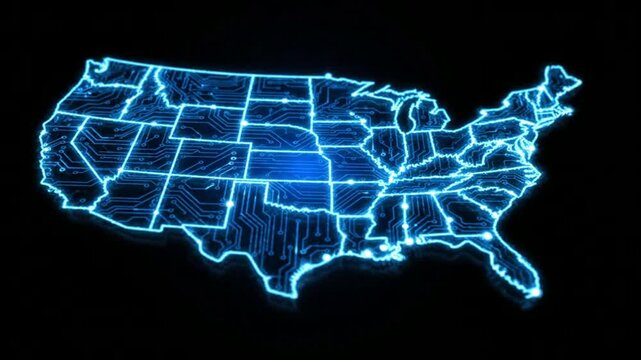Digital usa map with glowing circuit board network lines, futuristic technology concept for data connectivity and cyber infrastructure