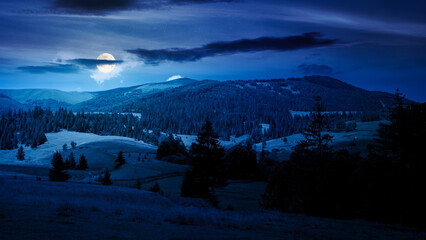 mountainous countryside landscape on summer night. full moon over view of green rural scenery with grassy pastures and rolling forested hills. mysterious mountain weather with cloudy sky © Pellinni