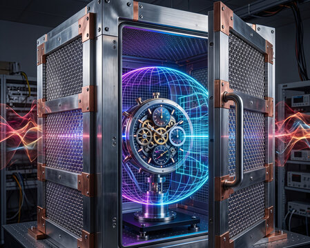 HDR photography of a precision chronometer inside a Faraday cage with glowing neon abstract electromagnetic shielding spheres