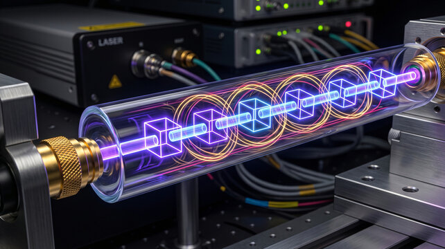 HDR photography of an optical clock laser absorption cell projecting glowing neon abstract ion trap cubes