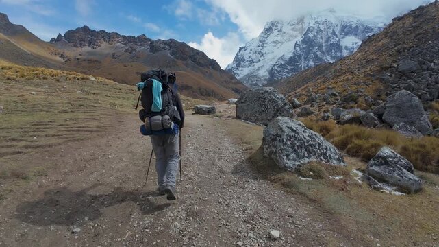 Hiker Trekking Along Salkantay Trail In The Peruvian Andes With Snow Capped Mountain View