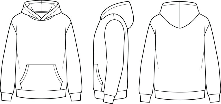 Blank white hoodie technical flat sketch vector template for design