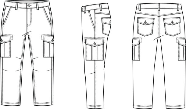 Cargo pants technical flat sketch vector mockup template for design