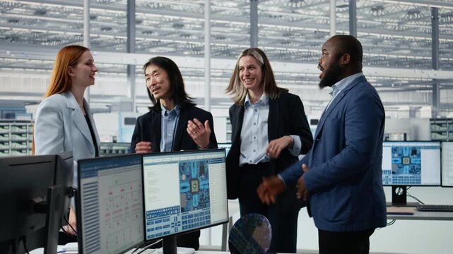 Happy diverse engineering team in microchip factory office celebrate project completion, achieving milestones, cheerful colleagues excited by scientific breakthrough in semiconductor lab.