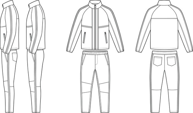 Tracksuit jacket pants fashion technical flat sketch vector template