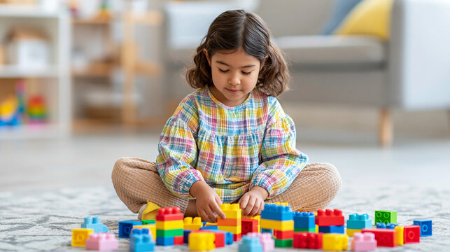 Young girl of Hispanic descent playing with colorful building blocks on a rug.