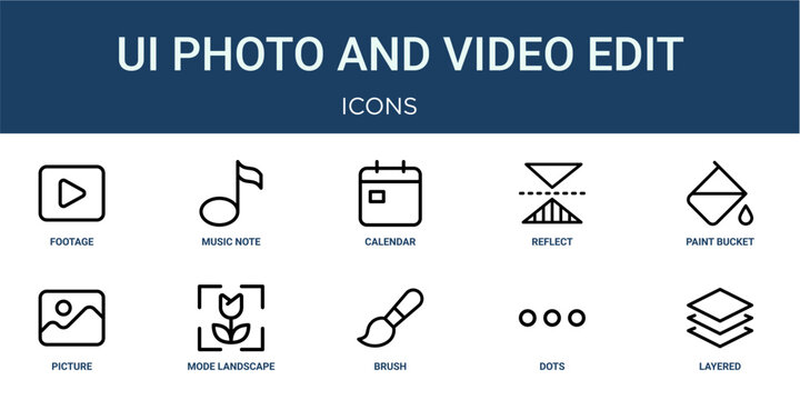 Set of 10 outline web UI Photo and Video Edit icons such as layered, dots, brush, mode landscape, picture, paint bucket, reflect horizontal vector icons for report, presentation, diagram, web