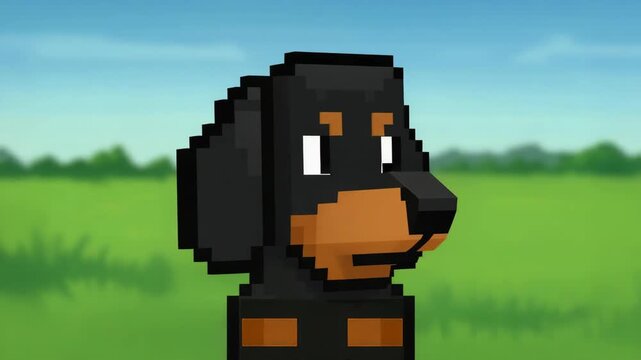 Pixel art dachshund in a green field