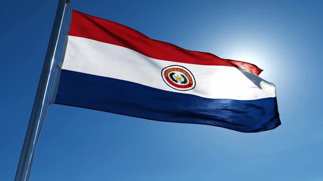 The national flag of paraguay waving against a bright blue sky with sun flare