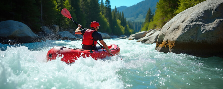 Man rows red packraft down wild mountain river rapid. He wears helmet and life vest for safety while paddling through whitewater waves and splashes near large rocks.