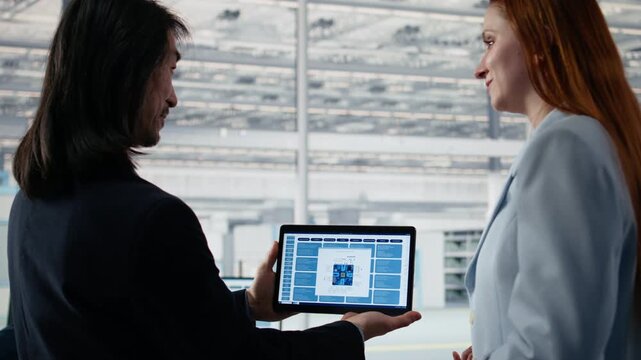 Doing microchips yield enhancement, tablet and senior manager with worker tracking defects data.