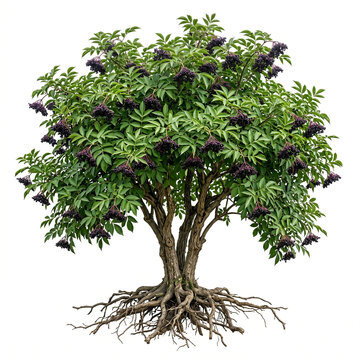 Elderberry Tree Ultra realistic full elderberry tree bearing dark elderberries, detailed leaves, isolated on white background
