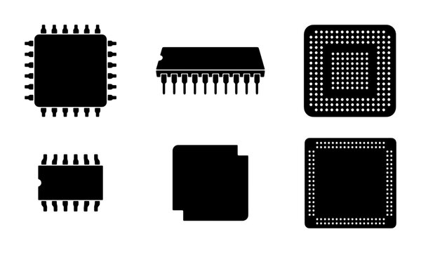 Electronic Components, Microchip Silhouettes, Computer Hardware Icons, Digital Technology Vector Set