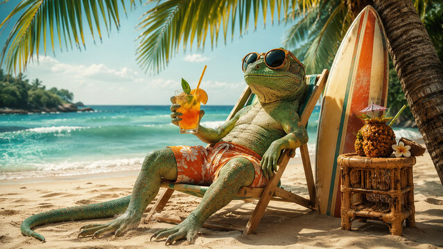 Funny lizard relaxing on a tropical beach chair while enjoying a refreshing summer cocktail.