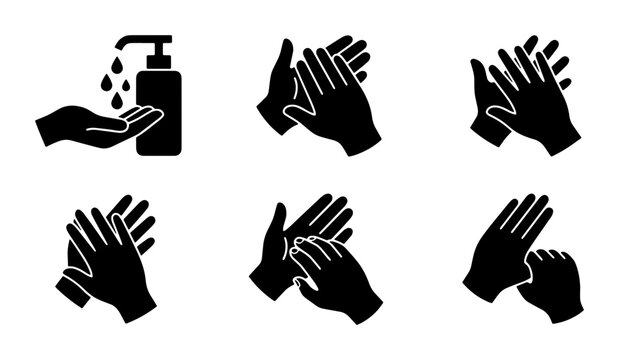 Hand Washing Steps Icons, Hygiene Sequence Vector Graphics, Clean Hands Safety Instructions, Medical Sanitization Process