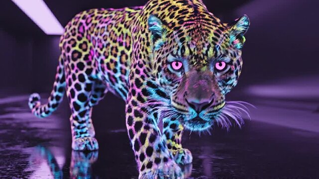 Neon colored leopard walking forward.
