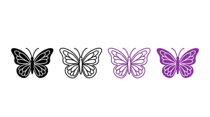 Fototapeta premium Collection of stylized butterfly illustrations in purple and black solid and outline designs vector art