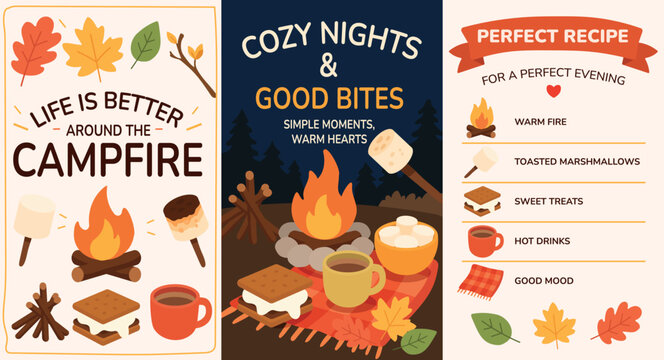 Campfire night posters set. Autumn evening mood with warm fire, roasted marshmallows, s'mores treats, hot drinks and fall leaves. Flat vector illustration collection for cozy home decor and seasonal d
