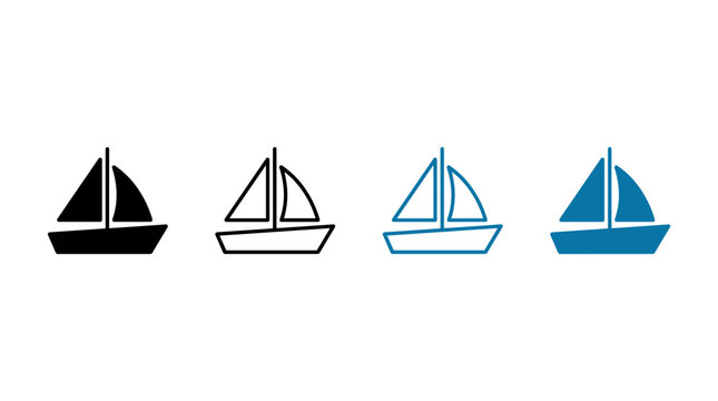 Minimalist sail ship vector icons in blue and black depicting maritime travel and adventure aesthetics