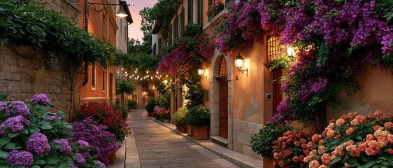 Obraz premium Charming evening street in the Italian province, surrounded by flowers