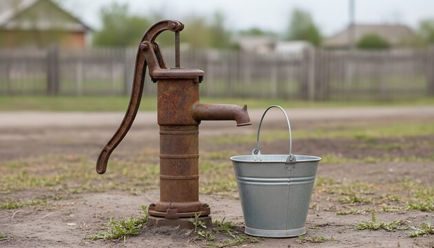 Rustic vintage hand water pump with curved lever and spout next to a galvanized metal bucket on dry soil, evoking a rural countryside atmosphere and traditional water collection methods.