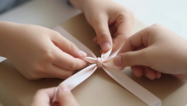 Multiple hands collaboratively tying a delicate pale pink satin ribbon into a neat bow atop a beige gift box, capturing a warm moment of gift preparation and teamwork.