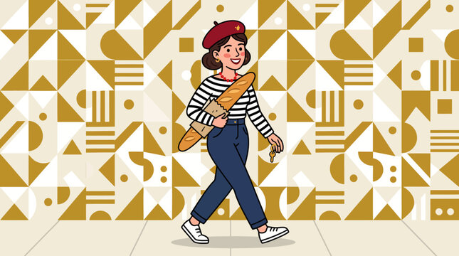 Minimalist illustration of a young woman wearing a classic beret and striped shirt walking through a Parisian street with a baguette