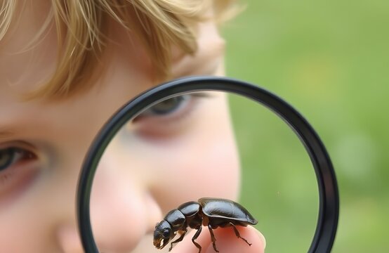 Child closely examining a black Dorcus parallelipipedus beetle through a magnifying ring, highlighting curiosity and nature exploration in an outdoor setting.