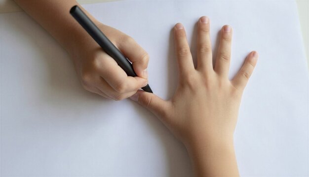 A child traces friend's hand on paper. Top-down view: the pen in the child's hand and the outline of the palm on the paper are visible.