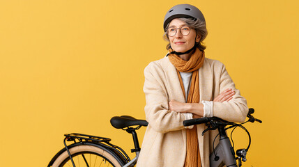 Naklejka premium Confident senior woman with gray hair, wearing a helmet, stands next to her bicycle.