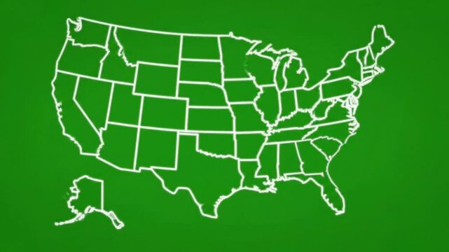 Animated map of united states with state borders outline on green screen background, for easy chroma, key compositing and motion