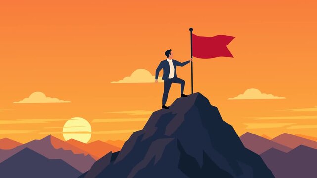 Business Success Concept of Businessman On Mountain Peak Holding Red Flag At Sunset. Professional Man Standing On Rocky Mountain Summit.  Achievement, Goal Accomplishment, Ambition, And Victory.