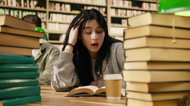Exhausted young woman reading open book at university library desk, framed by stacks of books and coffee during long exam study session under pressure, Academic stress, with coursework and assignment.