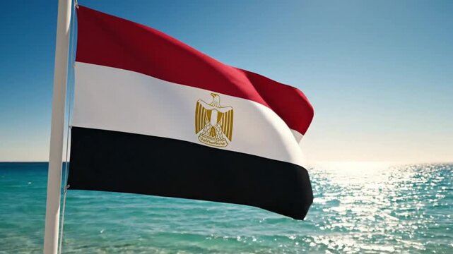 The national flag of egypt waving against a bright blue sky and sea background