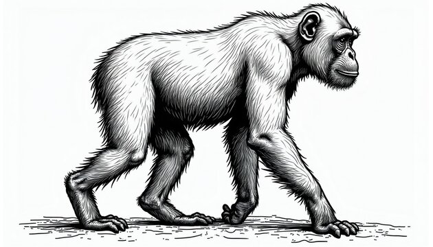 Editorial illustration features chimpanzee walking. Black, white line art animal with detailed fur texture, anatomical accuracy, suitable for educational artistic use. Illustration on plain white