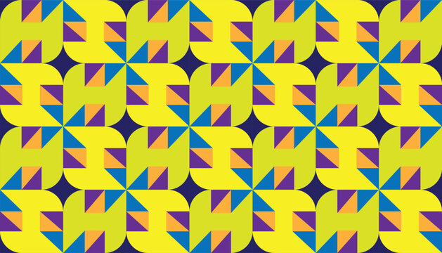 Geometric seamless pattern with abstract rounded square shapes and triangular accents in yellow, purple, blue, and orange.