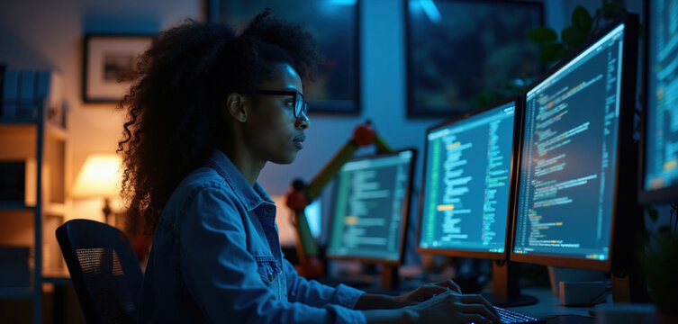 Focused African American woman codes late at night in modern office. Works on multiple screens developing AI software. Cybersecurity, machine learning concepts visible. Dedicated programmer handles