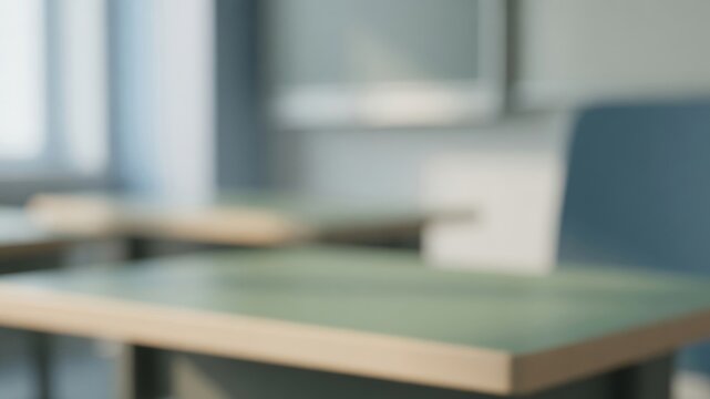 Blurred classroom interior background with student desks, creating an abstract learning concept
