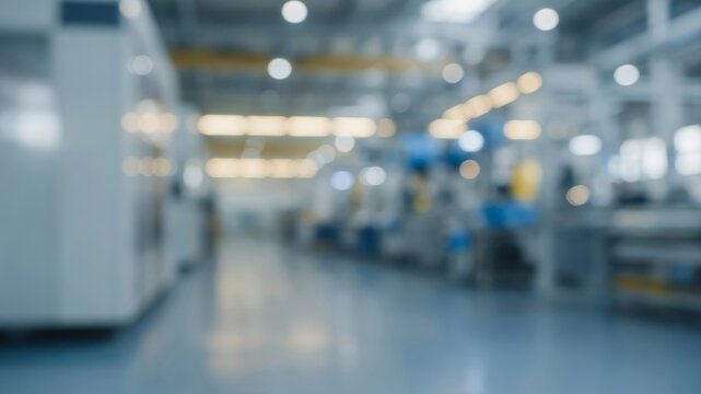 Blurry industrial manufacturing facility production line with bokeh lights, creating a modern background concept
