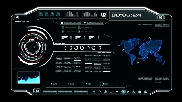 Futuristic hud interface with digital world map, data analytics, and system monitoring elements on a dark background