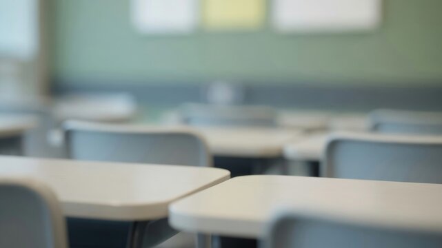 Empty classroom offering a clean learning environment with student desks and chairs ready for academic study