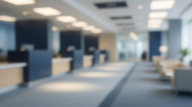 Blurred office lobby presenting a modern out of focus business environment with corporate reception desks and lounge area