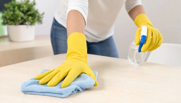 Person cleaning a table surface, wiping it down with a cloth and spraying cleaner, focusing on hygiene