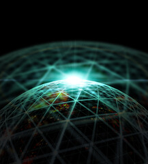  Cúpula de red digital con líneas verdes brillantes y fondo tecnológico oscuro. Cúpula geométrica verde brillante con conexiones de red sobre fondo oscuro. Concepto de Internet, redes y tecnología © C.Castilla