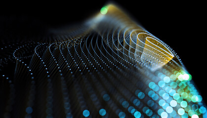 Fototapeta premium Líneas abstractas de ondas de partículas digitales de fondo brillante azul oscuro.Líneas de partículas digitales brillantes que forman ondas dinámicas sobre un fondo oscuro.Concepto ciencia