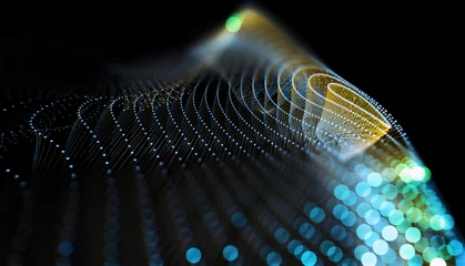 Líneas abstractas de ondas de partículas digitales de fondo brillante azul oscuro.Líneas de partículas digitales brillantes que forman ondas dinámicas sobre un fondo oscuro.Concepto ciencia © C.Castilla