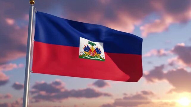 Flag of haiti waving against a cloudy sky at sunset
