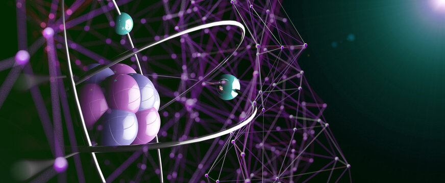  Fondo abstracto de tecnolog&iacute;a oscura de esfera neta de part&iacute;culas digitales de color p&uacute;rpura.&Aacute;tomo brillante de color p&uacute;rpura con trayectorias orbitales sobre fondo oscuro.Concepto de f&iacute;sica, ciencia
